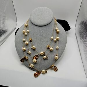 Betsey Johnson three-strand necklace rhinestones, faux pearls, Leopard Dangles